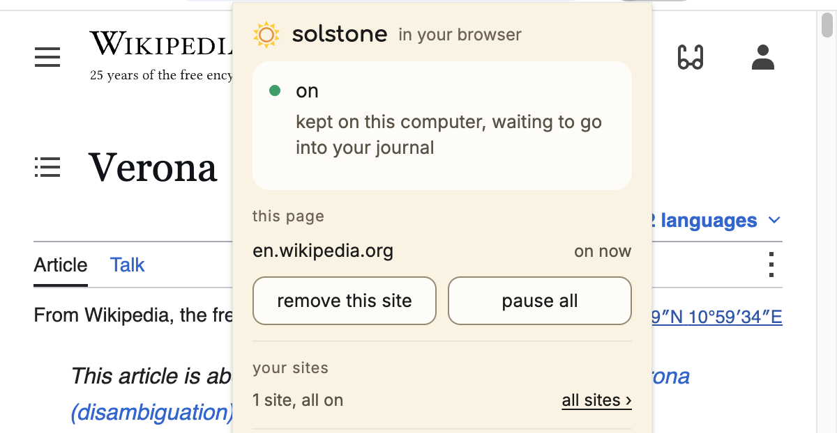 the solstone extension on Wikipedia, with the site switched on.